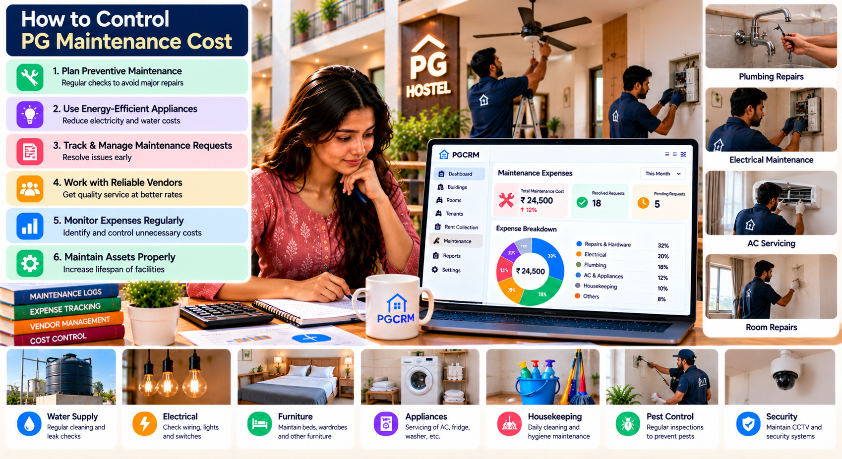 PG maintenance cost management showing preventive maintenance, plumbing repairs, electrical work, AC servicing, housekeeping, appliance maintenance, and expense tracking.