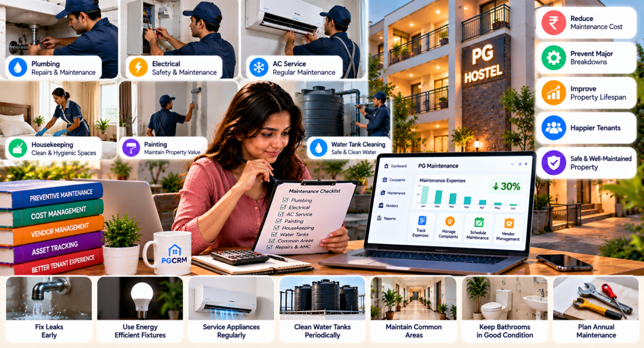 PG maintenance cost management showing plumbing, electrical repairs, AC servicing, housekeeping, painting, water tank cleaning, and property upkeep.