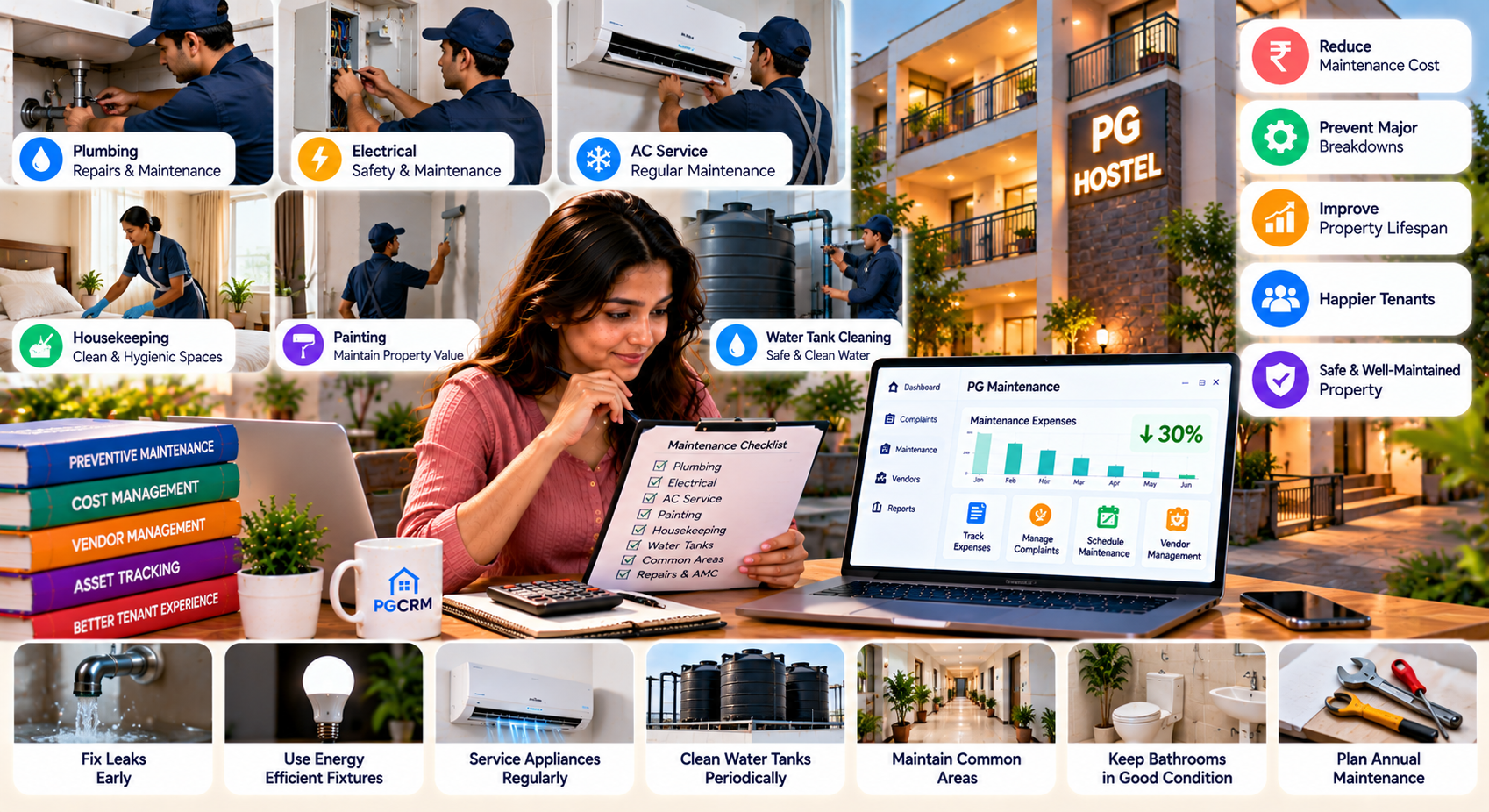 PG maintenance cost management showing plumbing, electrical repairs, AC servicing, housekeeping, painting, water tank cleaning, and property upkeep.