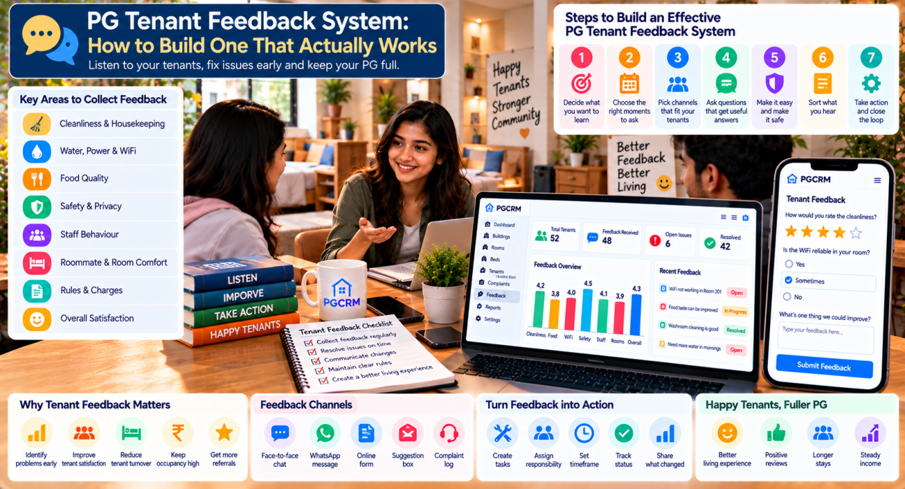 PG tenant feedback system showing tenant satisfaction ratings, feedback channels, complaint tracking, cleanliness, Wi-Fi reliability, food quality, safety, staff behaviour, and occupancy management.
