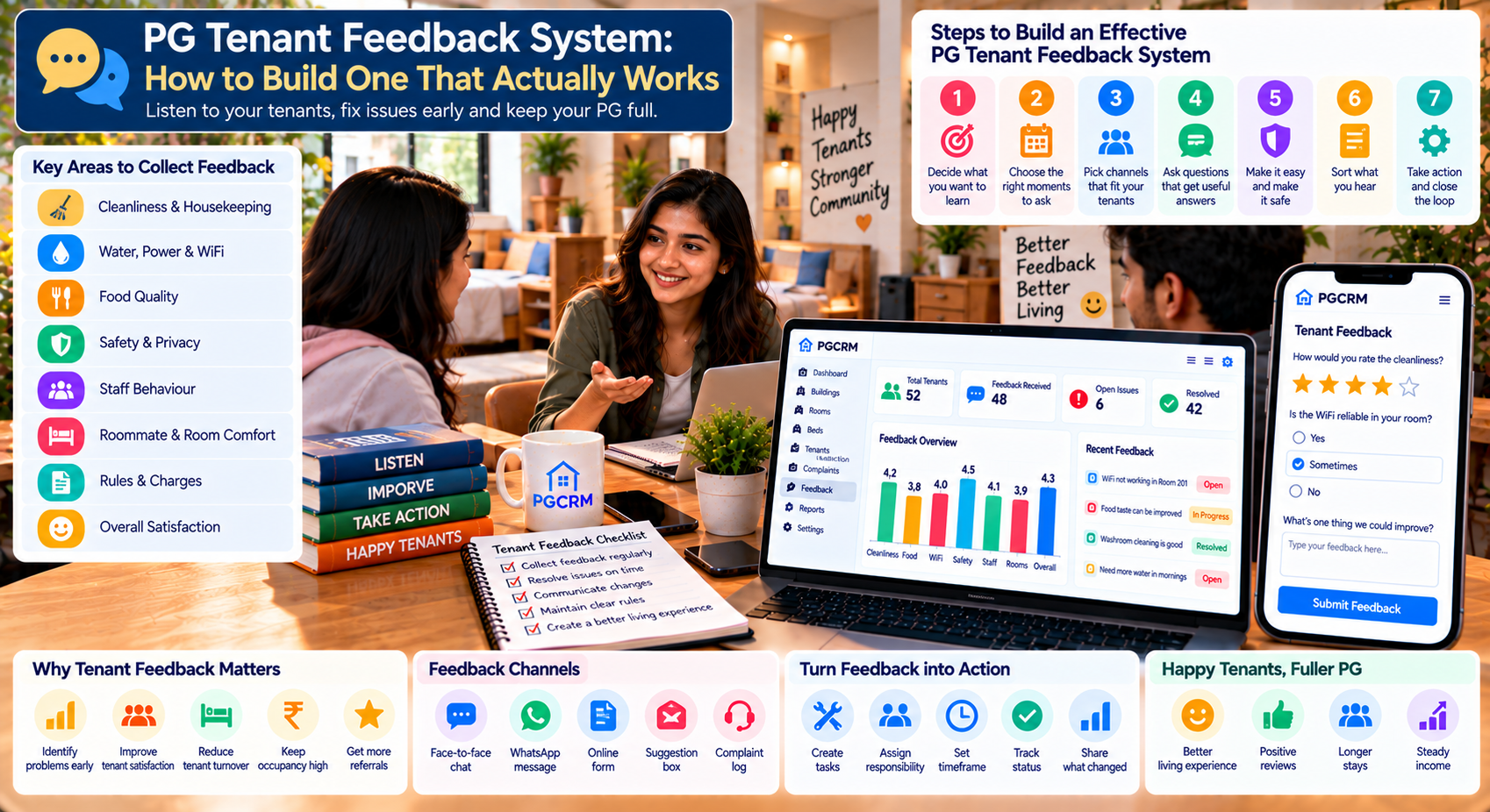 PG tenant feedback system showing tenant satisfaction ratings, feedback channels, complaint tracking, cleanliness, Wi-Fi reliability, food quality, safety, staff behaviour, and occupancy management.