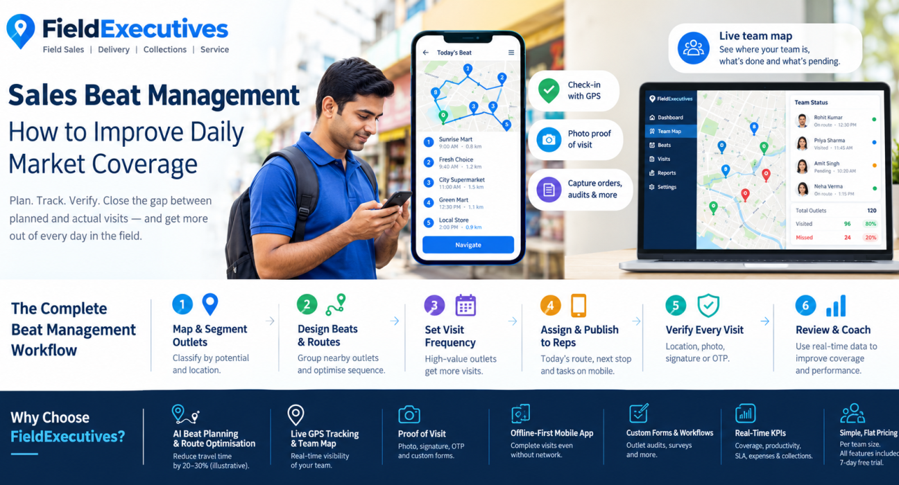 FieldExecutives sales beat management infographic showing a field sales representative using a mobile app for route planning, GPS check-ins, visit verification and outlet tracking, alongside a live team dashboard and a six-step workflow to improve daily market coverage.