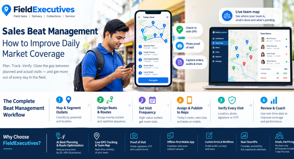 FieldExecutives sales beat management infographic showing a field sales representative using a mobile app for route planning, GPS check-ins, visit verification and outlet tracking, alongside a live team dashboard and a six-step workflow to improve daily market coverage.