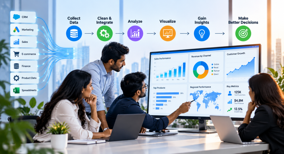 Business intelligence analytics dashboard showing how companies turn data from multiple sources into actionable insights.