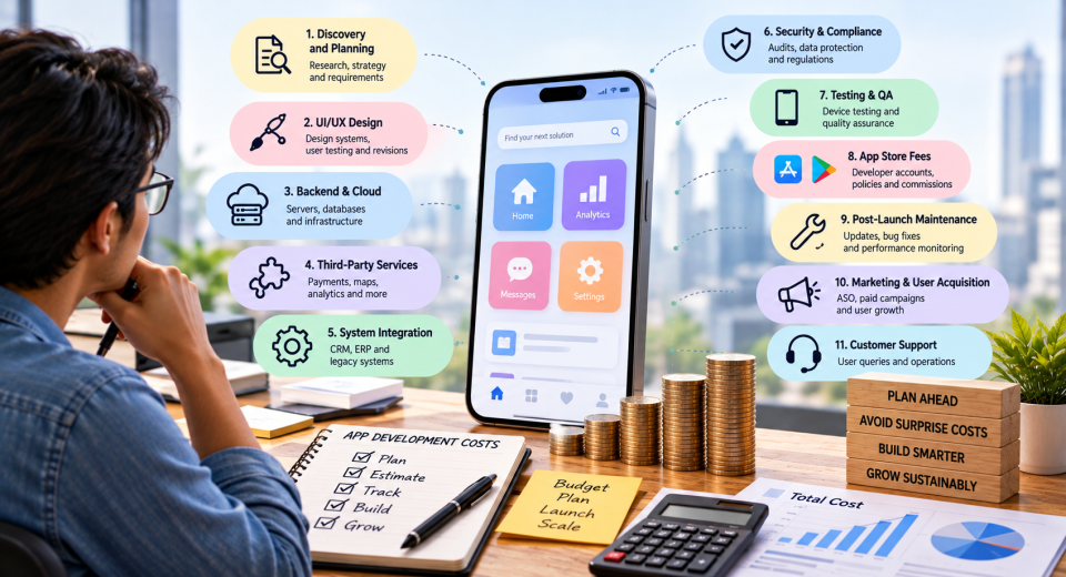 Mobile app development cost infographic showing budgeting, cloud hosting, UI/UX design, security, testing, maintenance, and marketing expenses.