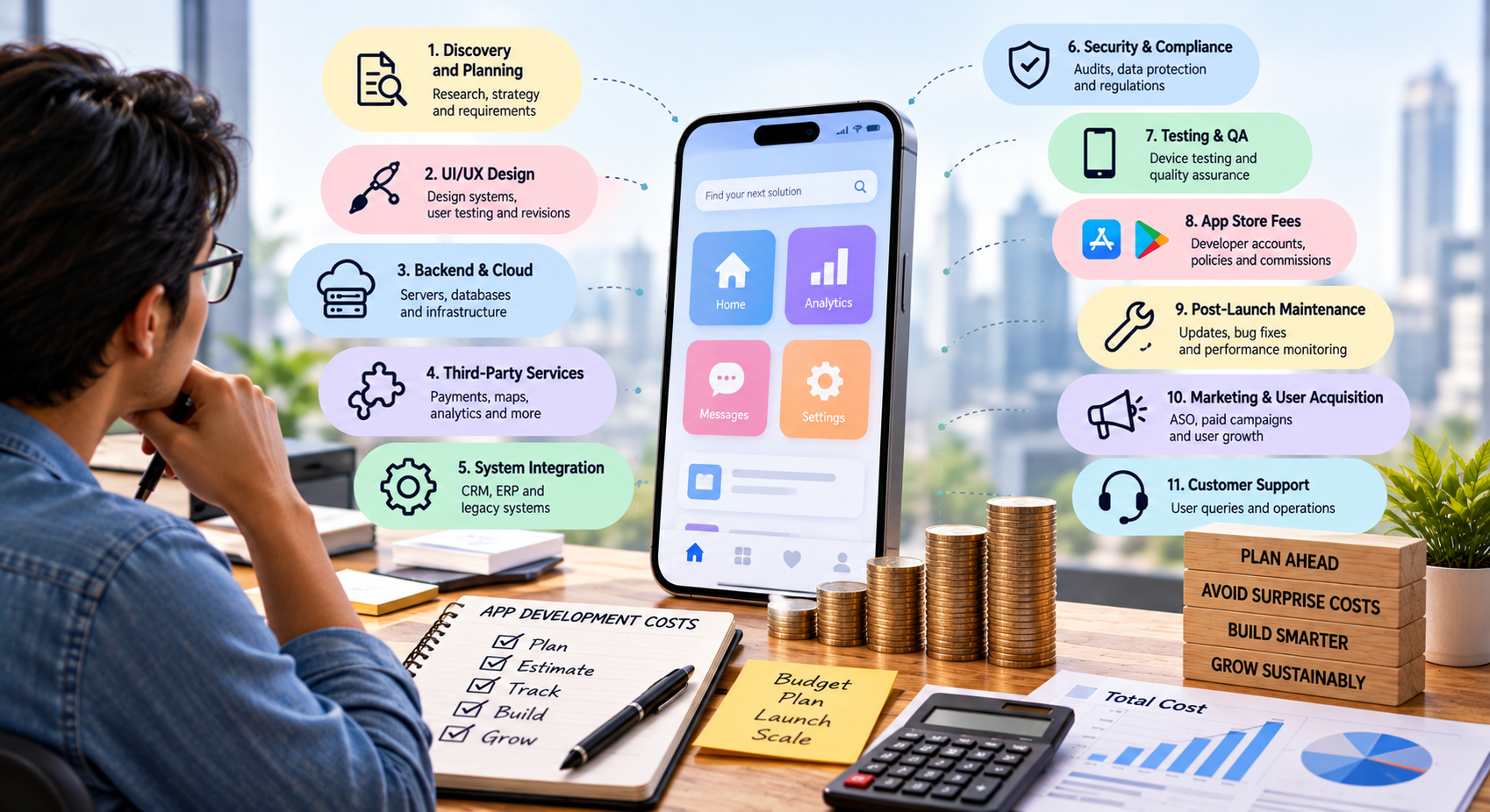 Mobile app development cost infographic showing budgeting, cloud hosting, UI/UX design, security, testing, maintenance, and marketing expenses.